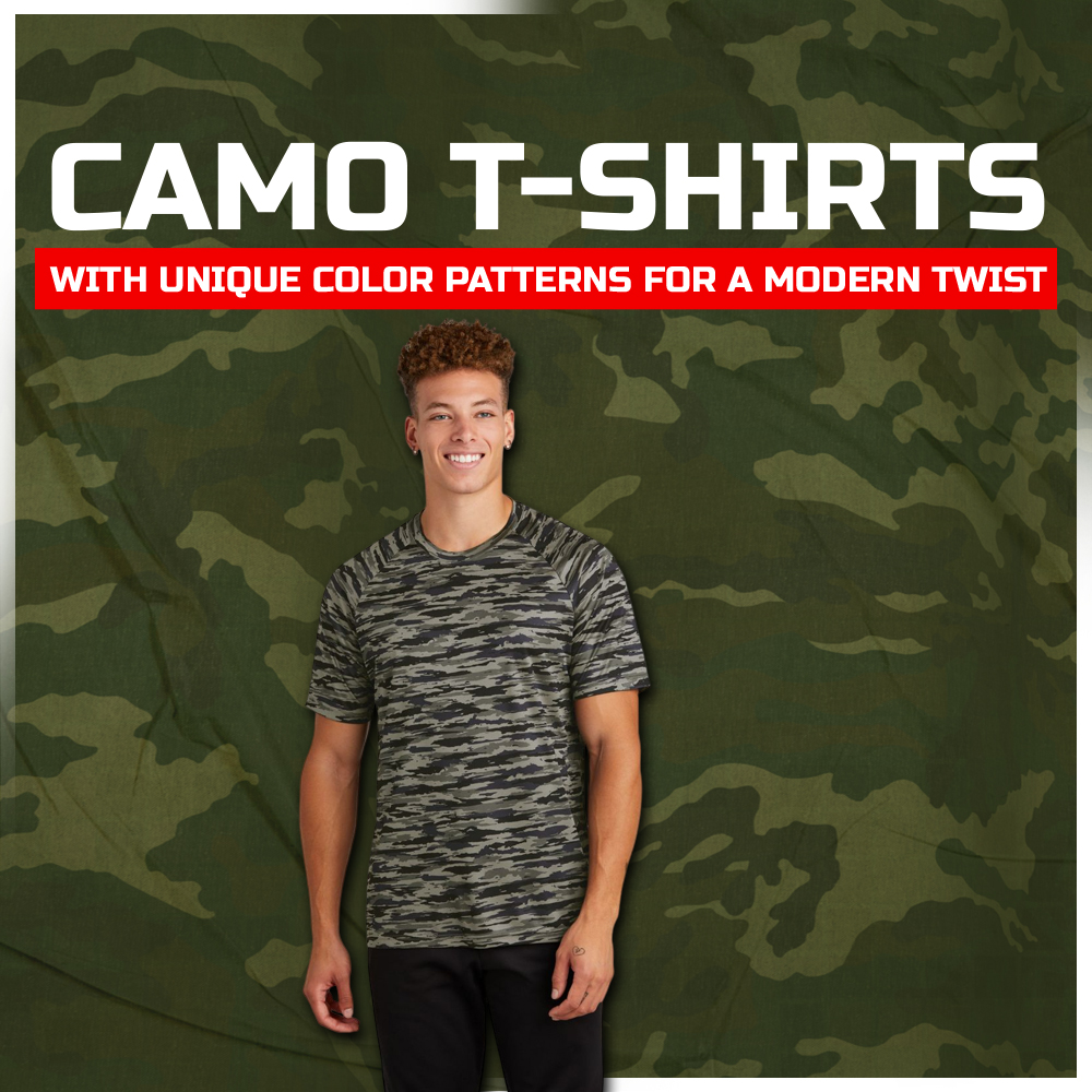 Camo T-shirts with unique color patterns for a modern twist