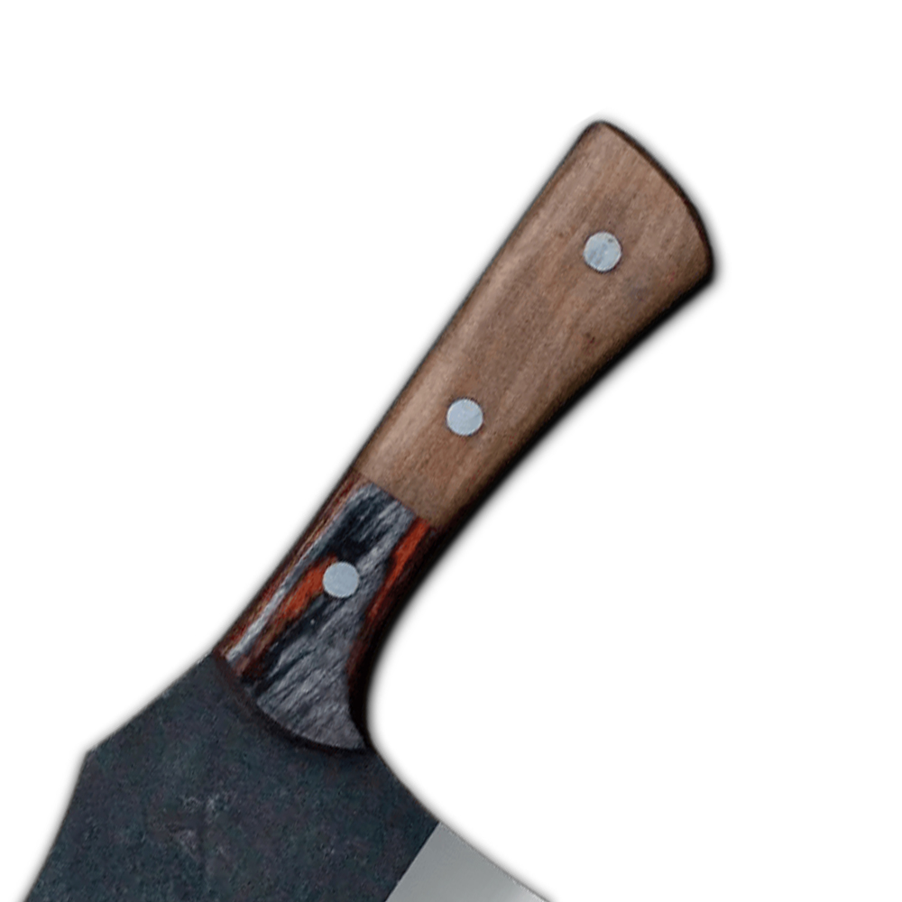 The color wood handle adds a touch of style to this rugged tool. The natural wood grain and vibrant color create an eye-catching aesthetic, making it stand out in any outdoor setting. The handle is designed with three steel pins, securely fastening the handle to the full tang blade. This construction not only ensures a robust connection but also adds a decorative element to the knife's overall appearance.