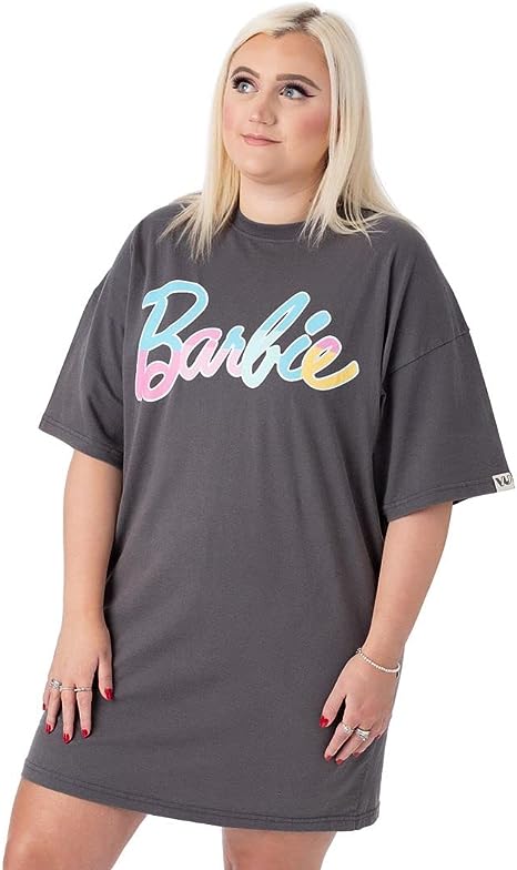 Barbie Oversized T-Shirt Dress Ladies Womens | Adults Pastel Rainbow Logo Short Sleeve Outfit | Charcoal Grey Gifts